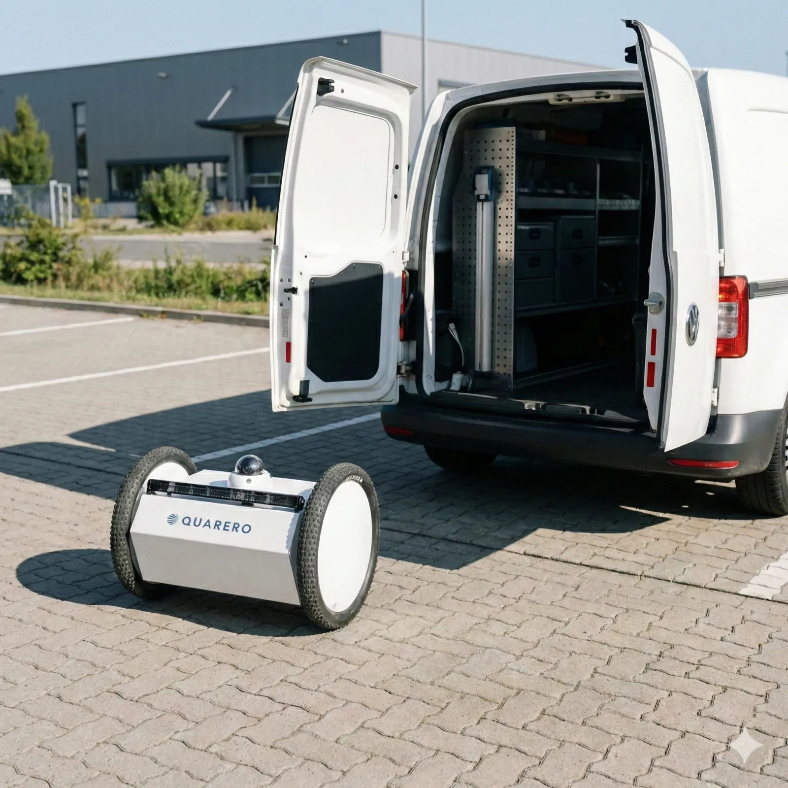 Quarero QR-2 patrol robot deployed from a service van at an industrial site