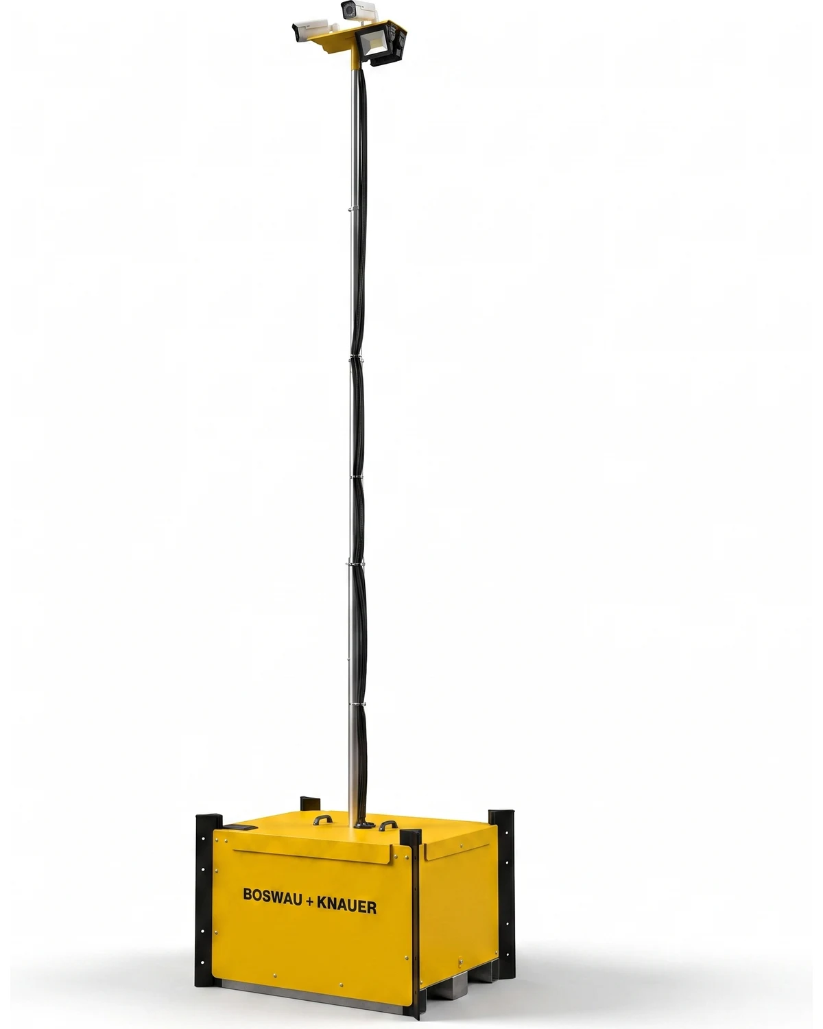 Quarero mobile video surveillance tower with extended telescopic mast protecting a construction site
